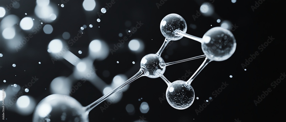 3D chemical illustration of PFOS, Perfluorooctanesulfonic Acid, with ball and stick model, C8HF17O3S molecular formula, black background