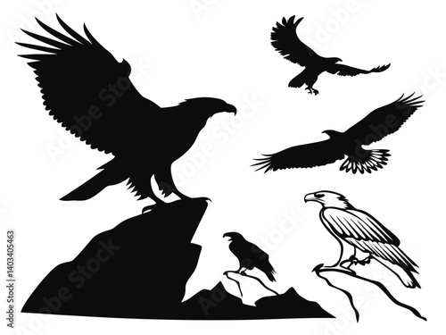 An eagle perched on a cliff, scanning below – entire image done in cutout silhouette style