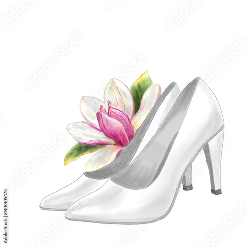 Photos Classic white pumps with magnolia on a white background, digital illustration