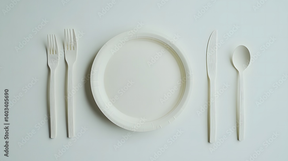 Stylish arrangement of a plate, fork, and knife on a table featuring biodegradable cutlery for sustainable dining solutions Stylish arrangement of a plate, fork, and knife on a table featuring biodegradable cutlery for sustainable dining solutions
