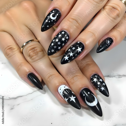 Celestial Elegance: Cosmic Nail Art in Black & White