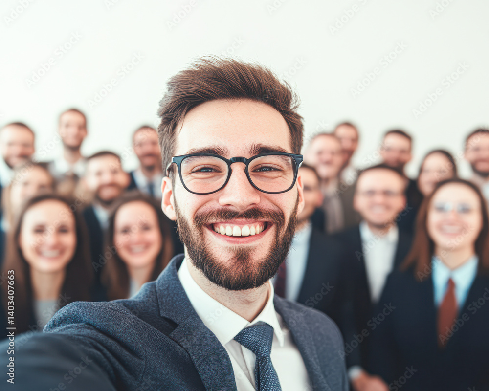 A group of smiling professionals posing for a selfie in a bright, modern setting. A group of smiling professionals posing for a selfie in a bright, modern setting.