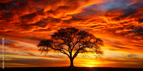 Silhouetted tree against fiery sunset