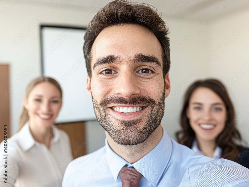 Professional team smiling together in an office setting, capturing a positive workplace atmosphere. Professional team smiling together in an office setting, capturing a positive workplace atmosphere.