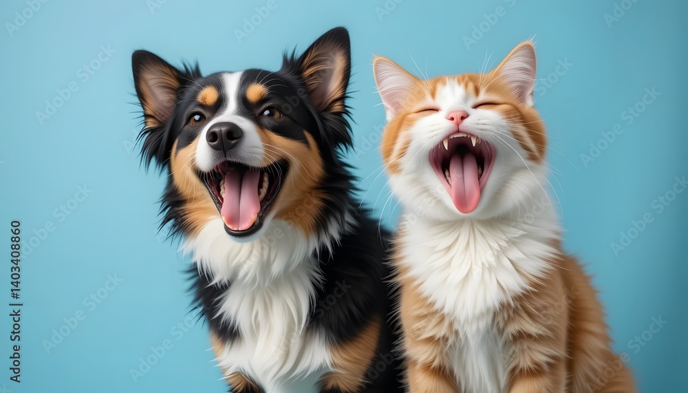 Playful Dog and Cat Yawning Together in Harmony Playful Dog and Cat Yawning Together in Harmony