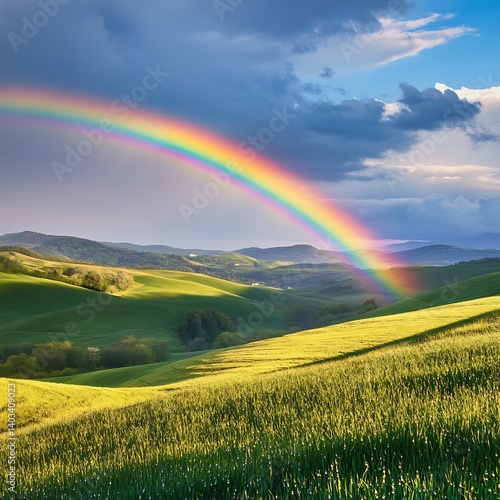 Ratio: 4:3Lush green hills stretch into the distance, fresh from a gentle spring rain. A brilliant rainbow arcs across the sky, casting soft, colorful reflections on