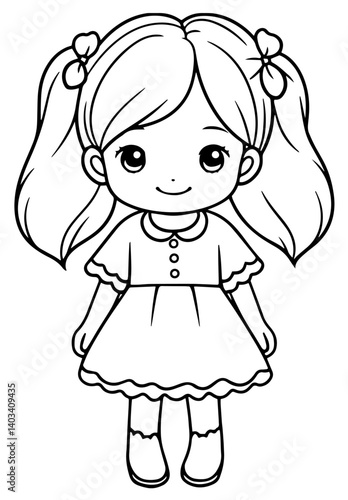 Cute doll coloring page with pigtails, a dress, adorable kawaii-style line art for kids, printable coloring sheet for toddlers, preschoolers, educational materials, crafts, or fun coloring activities.