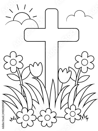 Easter cross with blooming spring flowers, sun, clouds, resurrection, faith, hope, new life, Christian holiday celebration for coloring and spiritual reflection