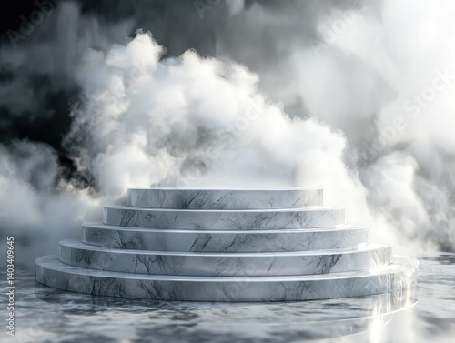 Elegant white marble tiered podium in a smoky environment