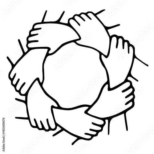 circular connection of eight hands holding each other in unity, representing teamwork, community, friendship, trust, mutual support, and solidarity in a continuous and inclusive human bond.

