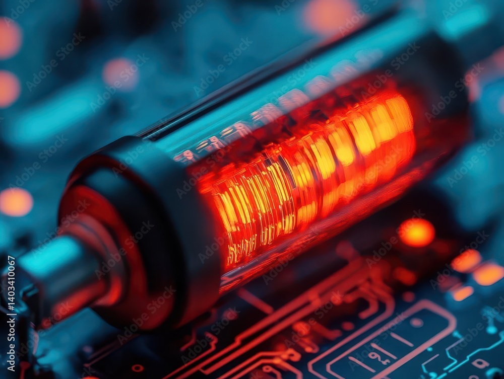 Highresolution closeup of a supercapacitor being charged, showcasing energy storage advancements Highresolution closeup of a supercapacitor being charged, showcasing energy storage advancements
