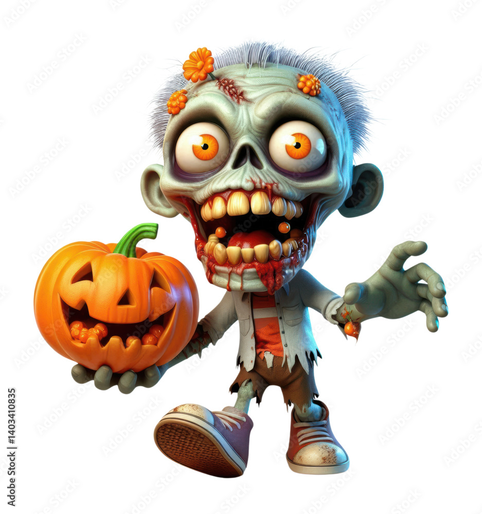 Funny Cartoon Zombie Character Holding Halloween Pumpkin with Scary Expression and Blood Stains in Sneakers Isolated on Transparent and White Background Funny Cartoon Zombie Character Holding Halloween Pumpkin with Scary Expression and Blood Stains in Sneakers Isolated on Transparent and White Background