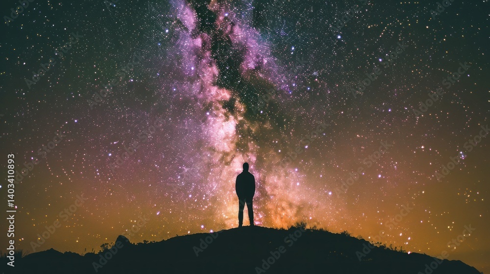 Fototapeta premium Silhouette of man standing on hill with majestic starry night sky. Generated AI image