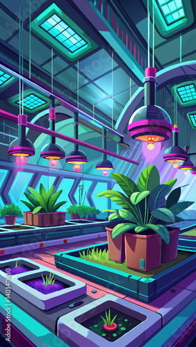 A neon green room with plants and a computer. The room is lit up with neon lights and has a futuristic feel