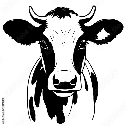 cow head, showing front view of dairy cattle in bold monochrome farm style with strong graphic lines