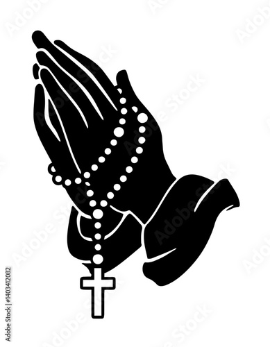 Silhouette of praying hands holding rosary with Christian cross, faith, prayer. Orthodox religious. Nativity of the Virgin Mary, Exaltation of the Holy Cross, Presentation of the Holy Virgin Mary
