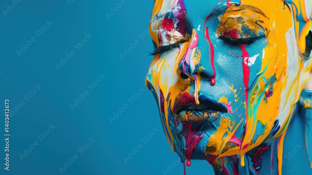 Abstract woman face with colorful paint texture on copy space blue background. Generated AI image Abstract woman face with colorful paint texture on copy space blue background. Generated AI image