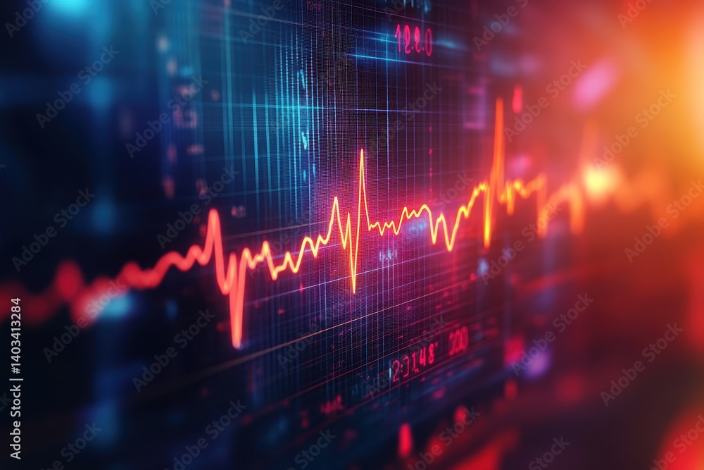 Close up of a red line graph on a blue grid background with data points and bright light source Close up of a red line graph on a blue grid background with data points and bright light source
