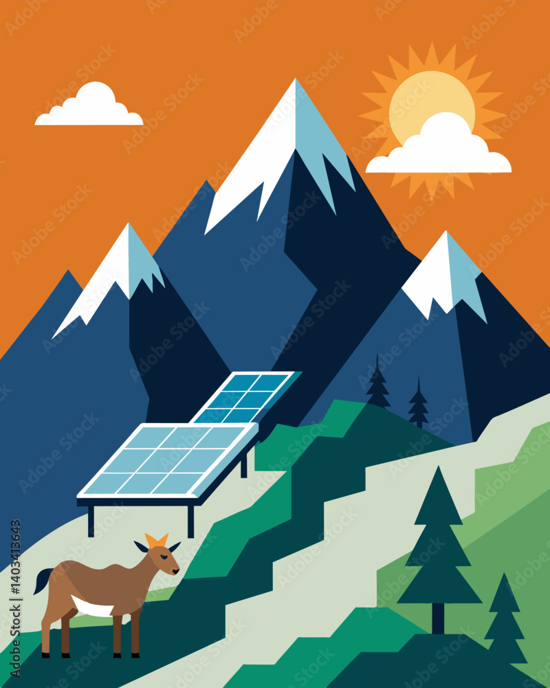 High up in the mountains solar panels were carefully p on the hardy vegetation providing a renewable energy source for the remote habitat of the elusive mountain goats and other. Vector illustration High up in the mountains solar panels were carefully p on the hardy vegetation providing a renewable energy source for the remote habitat of the elusive mountain goats and other. Vector illustration