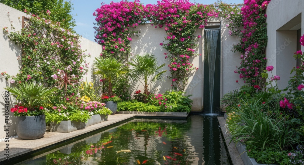 Obraz premium Narrow garden with reflecting water feature and flower-lined walls