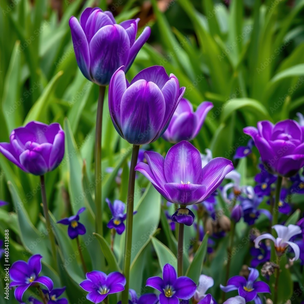 Deep blue and purple tulips and violets burst forth against vibrant green foliage, garden, nature, botanical Deep blue and purple tulips and violets burst forth against vibrant green foliage, garden, nature, botanical