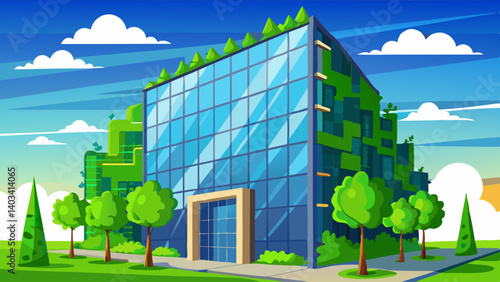 A building with a green roof and a lot of plants growing on it. The building is tall and has a lot of windows. The sky is blue and there are some clouds in the background