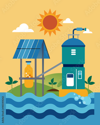 Solarpowered desalination systems are utilized in coastal areas affected by tsunamis providing muchneeded freshwater for drinking and hygiene purposes.. Vector illustration
