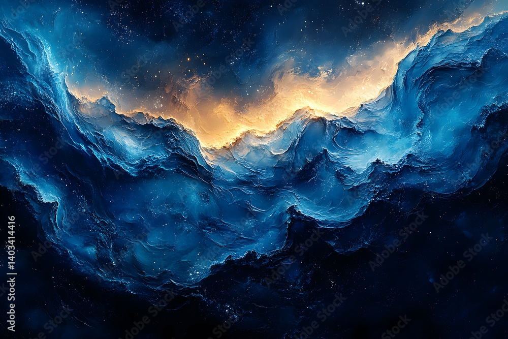 Fototapeta premium Dramatic ocean waves illuminated by a golden sunrise, set against a starry night sky backdrop