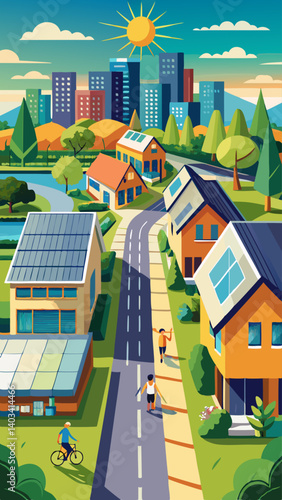 A cartoon drawing of a neighborhood with houses, cars, and people. Scene is peaceful and calm, with a focus on the natural surroundings and the simple lifestyle of the residents