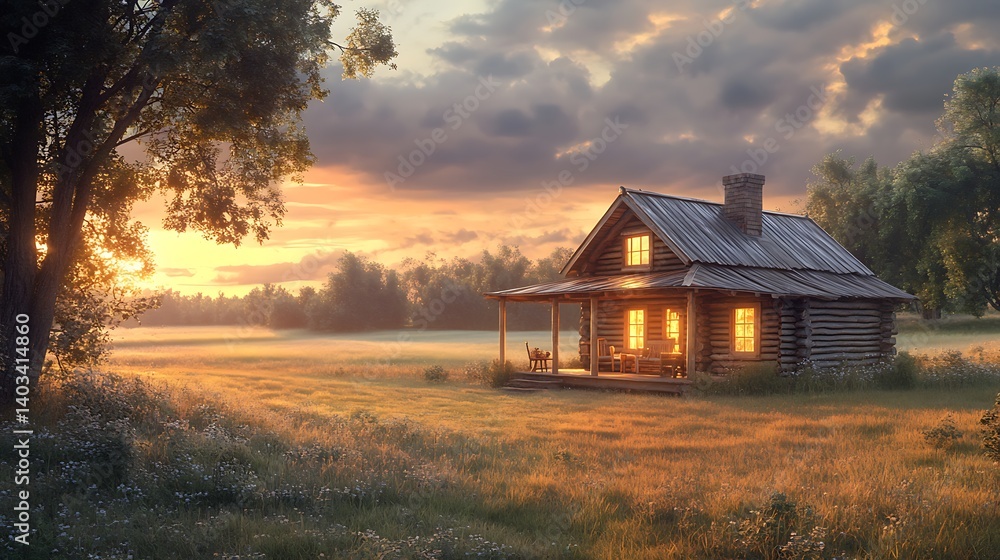 Cozy Log Cabin in Autumn Forest Clearing, A cozy log cabin with glowing windows sits in a serene autumn forest clearing Cozy Log Cabin in Autumn Forest Clearing, A cozy log cabin with glowing windows sits in a serene autumn forest clearing