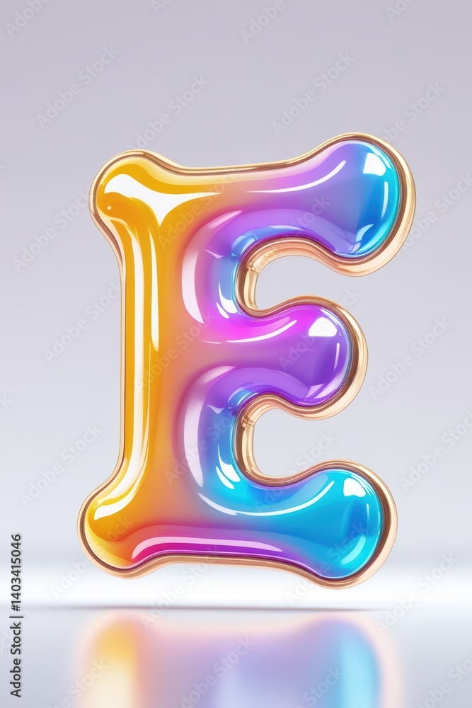 A glossy letter e with a golden outline and a gradient of colors on a reflective white surface A glossy letter e with a golden outline and a gradient of colors on a reflective white surface