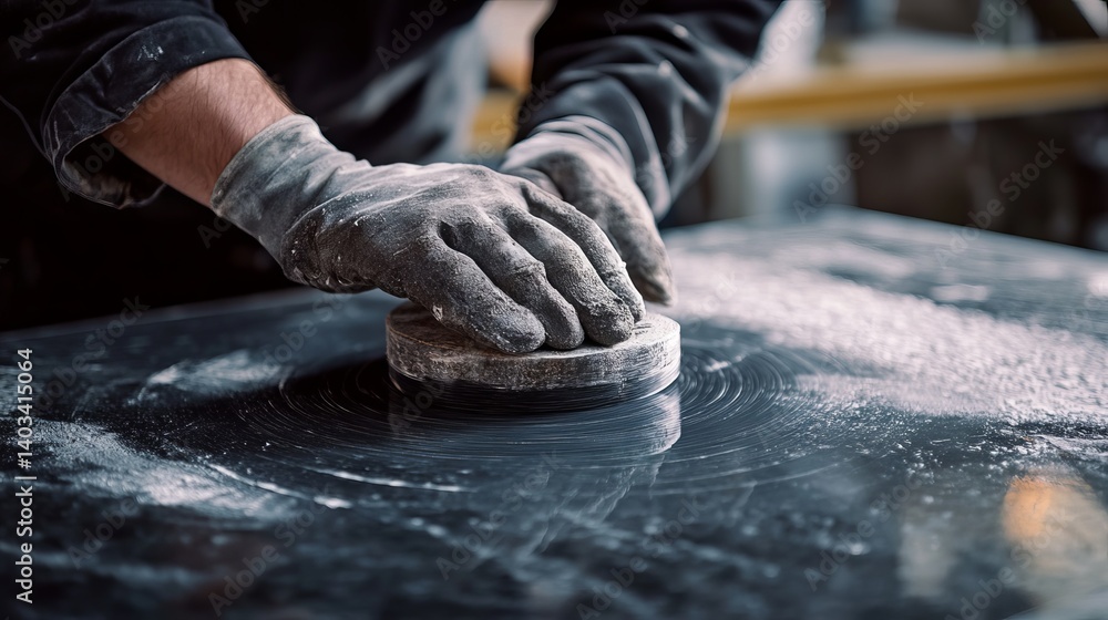 Mason polishing a stone surface. Featuring stonework and finishing techniques Mason polishing a stone surface. Featuring stonework and finishing techniques