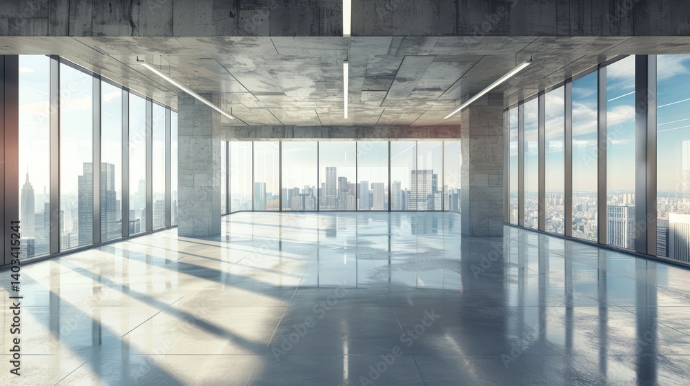 New empty space building interior design concrete floor with panoramic cityscape view. Generated AI New empty space building interior design concrete floor with panoramic cityscape view. Generated AI