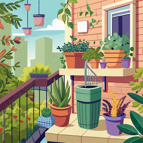 A colorful garden scene with a variety of potted plants and a green trash can. Scene is cheerful and lively, with the plants and the green trash can adding a pop of color to the scene