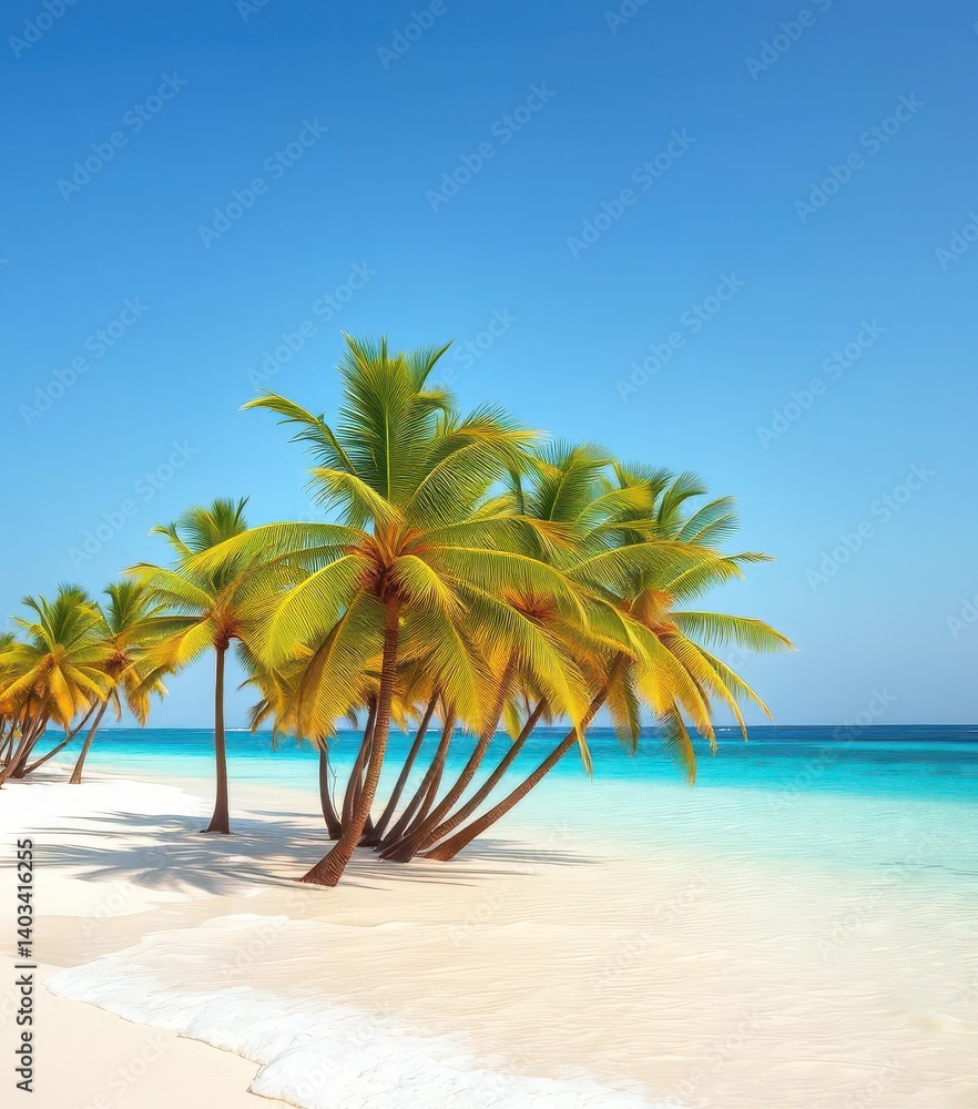 Palm trees sway gently over white sand beach, turquoise water laps shore, idyllic, peaceful, coastline Palm trees sway gently over white sand beach, turquoise water laps shore, idyllic, peaceful, coastline