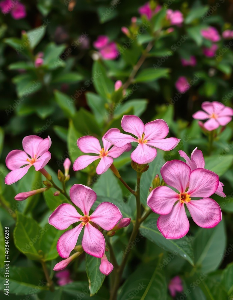 Pink Adenium obesum blooms in sharp focus, lush green botanical garden backdrop, greenery, flower, summer Pink Adenium obesum blooms in sharp focus, lush green botanical garden backdrop, greenery, flower, summer