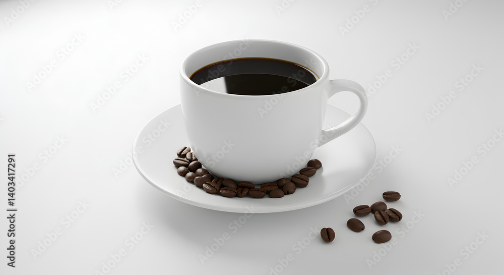 Minimalist Still Life White Coffee Cup and Brown Coffee Beans on White Tabletop Minimalist Still Life White Coffee Cup and Brown Coffee Beans on White Tabletop