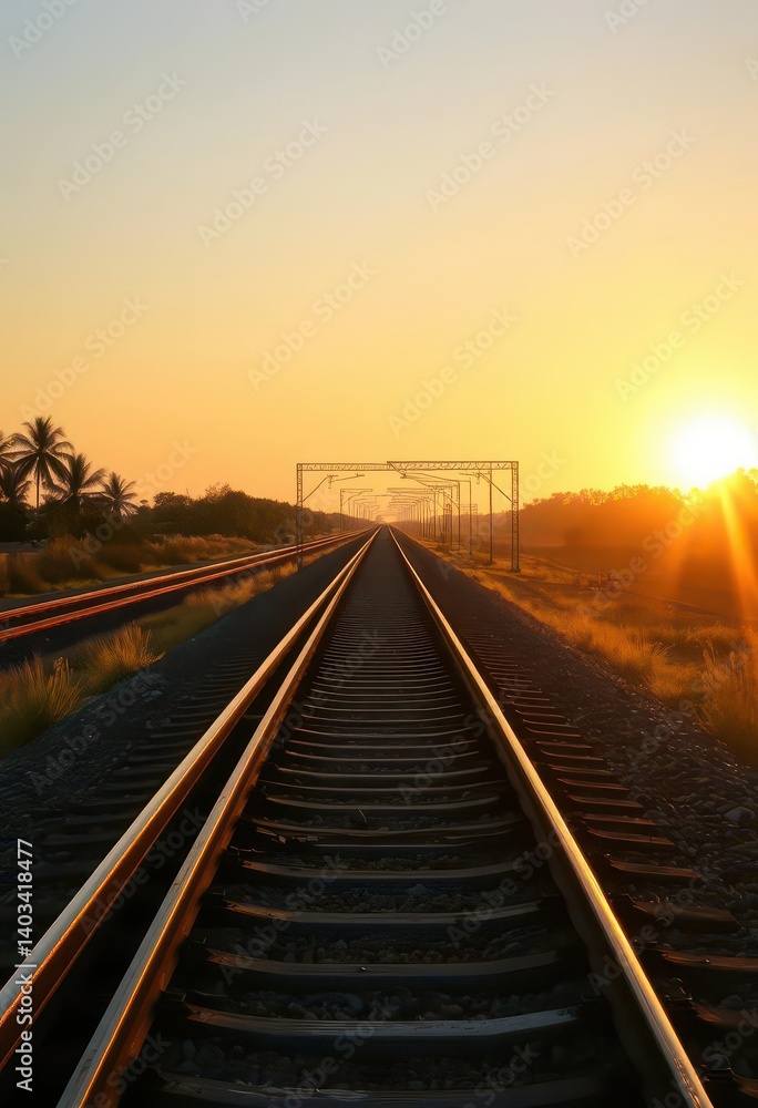 Fototapeta premium Golden hour sunlight bathes empty railway tracks stretching to the horizon, distant, landscape