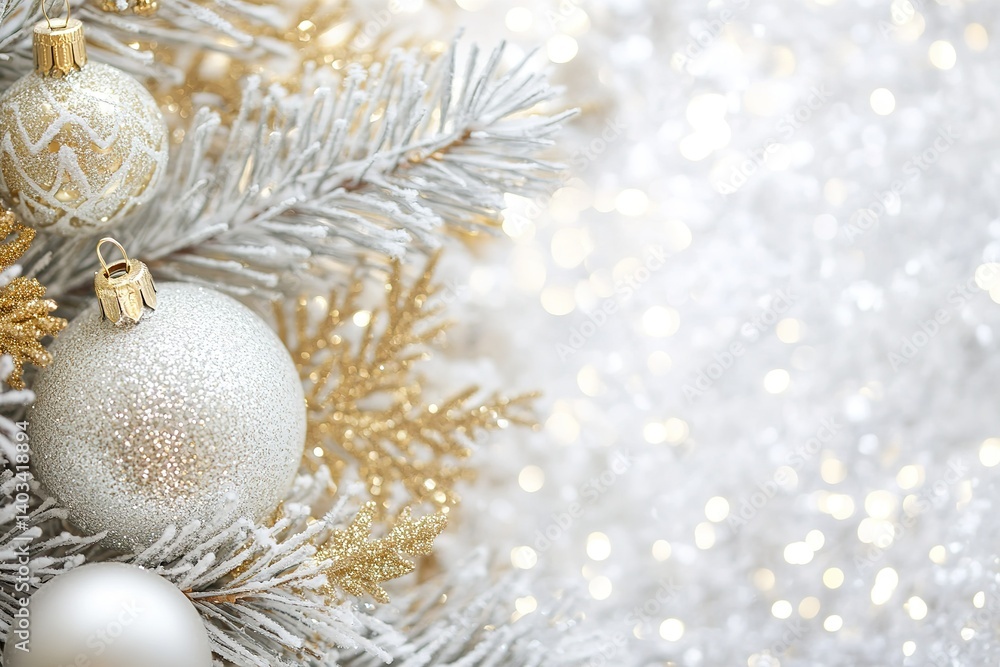 Elegant holiday: ornaments on snowy branches creating a sparkling festive scene Elegant holiday: ornaments on snowy branches creating a sparkling festive scene