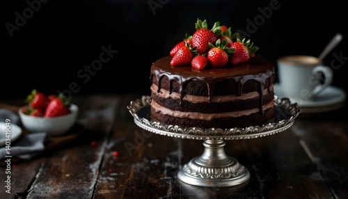 Delicious Chocolate Layer Cake with Strawberries on Rustic Wooden Table