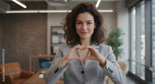 Businesswoman making a heart shape with her hands to show love for her job or work environment.