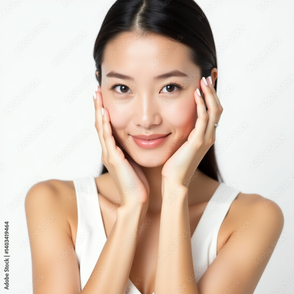 A beautiful Asian woman with smooth glowing skin, gently touching her face with both hands A beautiful Asian woman with smooth glowing skin, gently touching her face with both hands