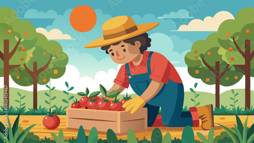 A young woman is picking tomatoes in a garden. She is wearing a straw hat and blue overalls