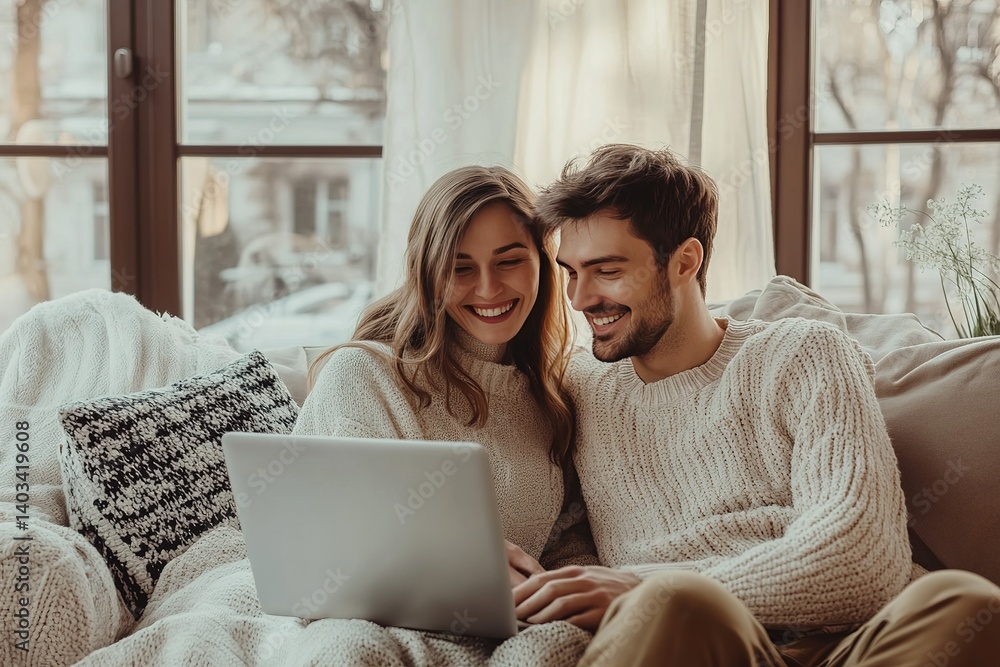 Cozy couple smiling and relaxing on a couch while using a laptop in a bright home Cozy couple smiling and relaxing on a couch while using a laptop in a bright home