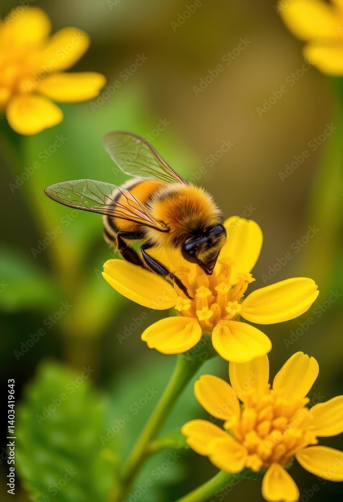 Busy bee on vibrant yellow Cornus flower, collecting nectar, macro, yellow Busy bee on vibrant yellow Cornus flower, collecting nectar, macro, yellow
