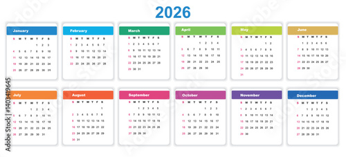 Calendar 2026 . Week Starts on Sunday. Stationary Template with 12 Months.Vector.