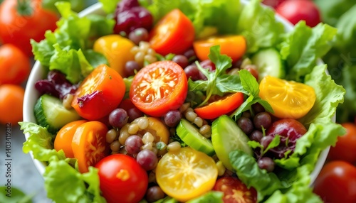 Fresh and Colorful Salad Bowl with Tomatoes, Cucumber and Lettuce
