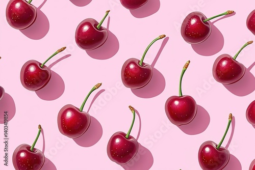Cherry Pattern: A vibrant repeat of deep red cherries with bright green stems on pink