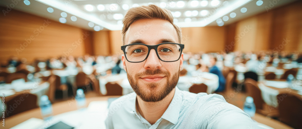 Fototapeta premium A man takes a selfie in a conference room filled with attendees and tables.