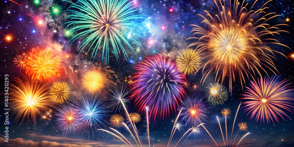 Fototapeta premium Fireworks illuminating starry night with bright colors